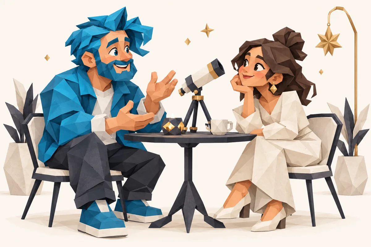 An Aquarius man and a woman share a curious conversation beside a small telescope and two cafe chairs.