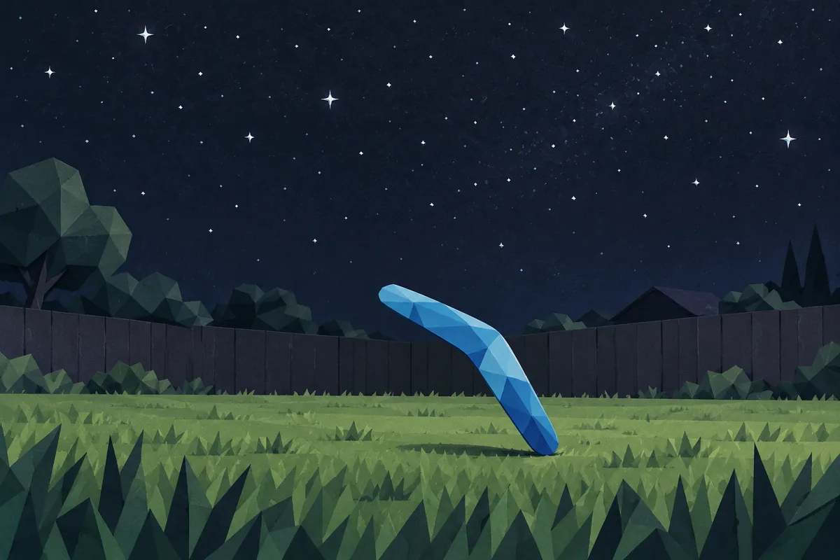 A blue boomerang returns to the grass of a quiet yard beneath a starry sky.