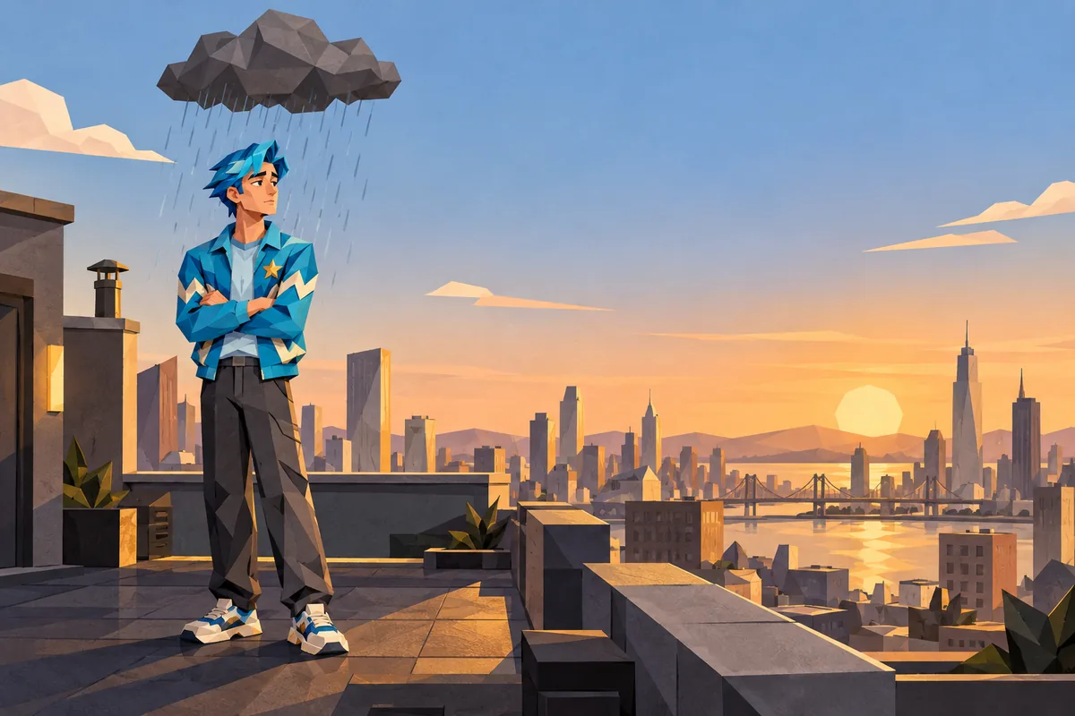 An Aquarius man stands alone on a dusk rooftop beneath a small storm cloud.