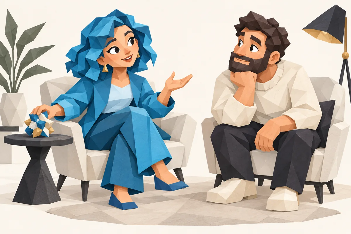 An Aquarius woman sets aside a geometric puzzle and turns her chair toward her partner for a quiet conversation.