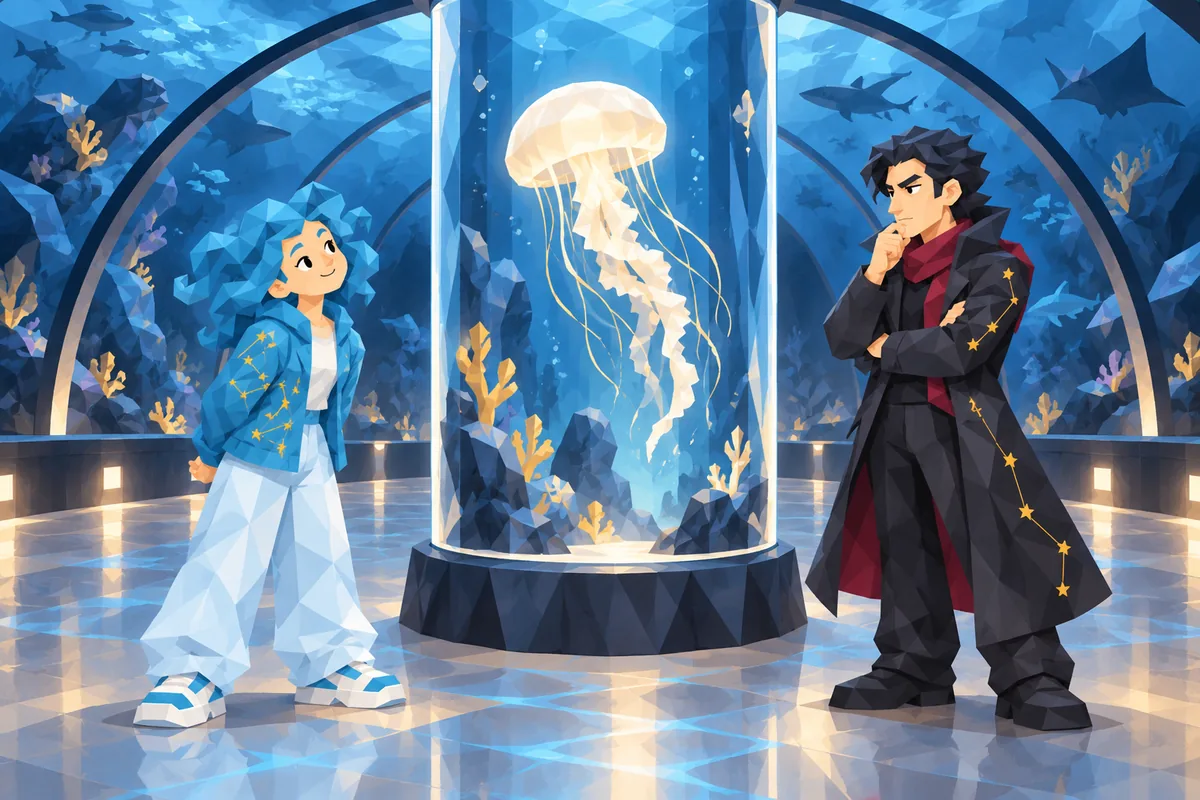 An Aquarius woman and Scorpio man in a blue-lit aquarium tunnel watch the same jellyfish from opposite sides of its glass enclosure.