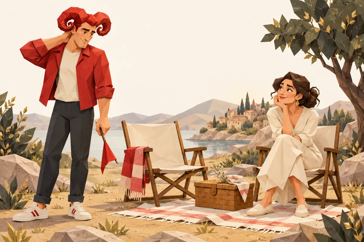 An Aries man lowers a celebratory flag beside two picnic chairs, considering the ordinary date ahead.