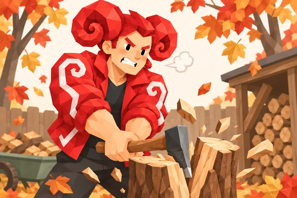A flushed Aries man splits firewood in an autumn backyard with a small cartoon puff of steam overhead.