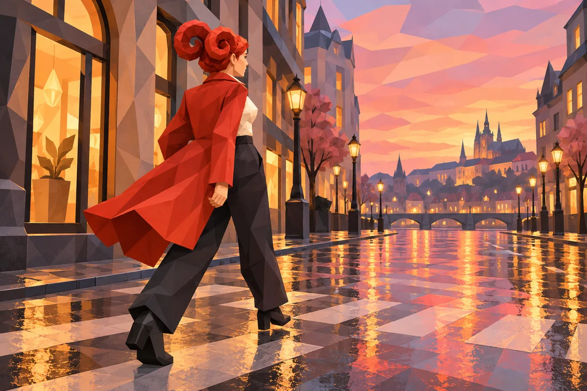 An Aries woman in a red coat strides across a wet city street at dusk without looking back.