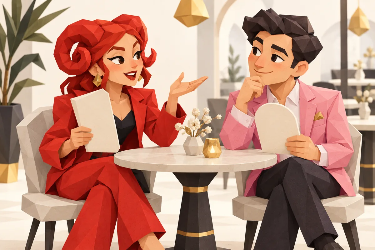 An Aries woman and Libra man sit opposite each other with two different blank menu cards, listening before choosing.
