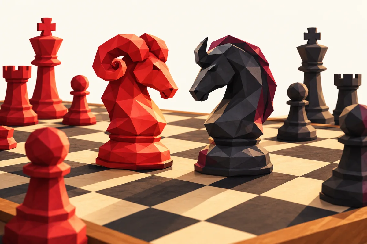 A red chess piece faces a black one at the center of a mid-game chessboard under dramatic light.
