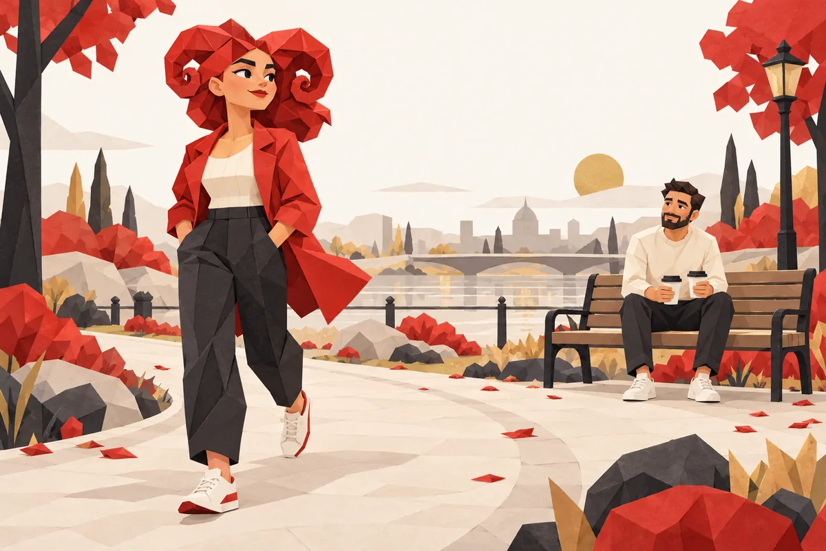 An Aries woman takes a brisk walk while her partner waits by a bench with two cups.