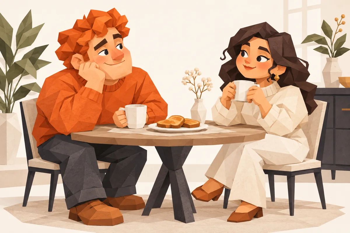 A Cancer man sits thoughtfully at a breakfast table while his date holds a mug across from him.