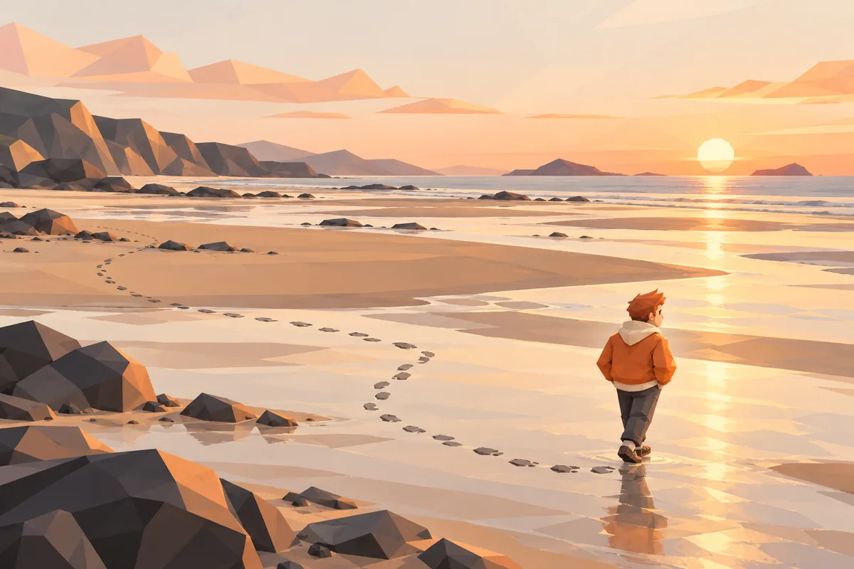 A small Cancer man walks along a long beach at low tide, returning toward his earlier footprints.