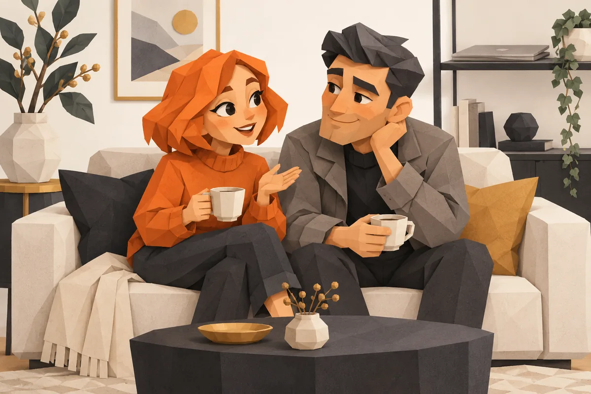 A Cancer woman and Capricorn man sit together with tea, his closed laptop resting on a nearby shelf.