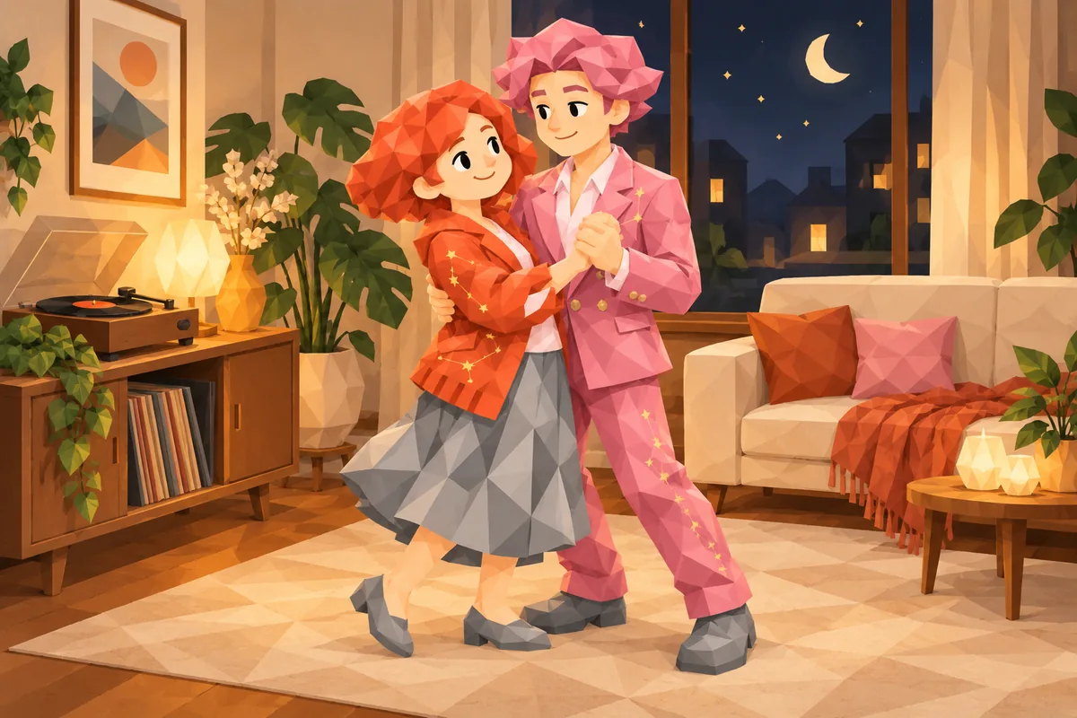 A Cancer woman and Libra man slow dance in a warm living room at night beside a glowing record player.