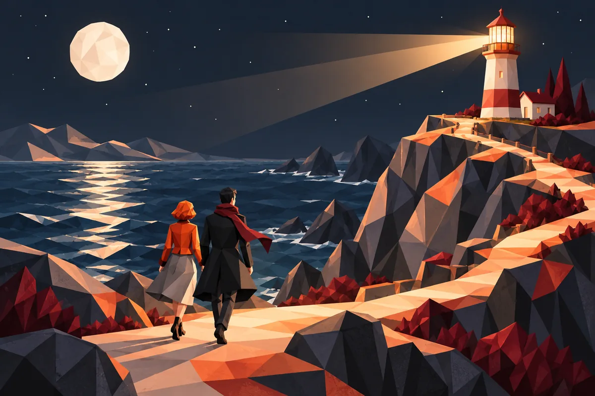 A Cancer woman and Scorpio man walk together toward a lighthouse on a cliff at night.