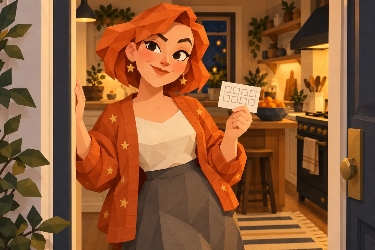 From a visitor's viewpoint, a Cancer woman raises an eyebrow in her kitchen doorway with a blank scorecard.