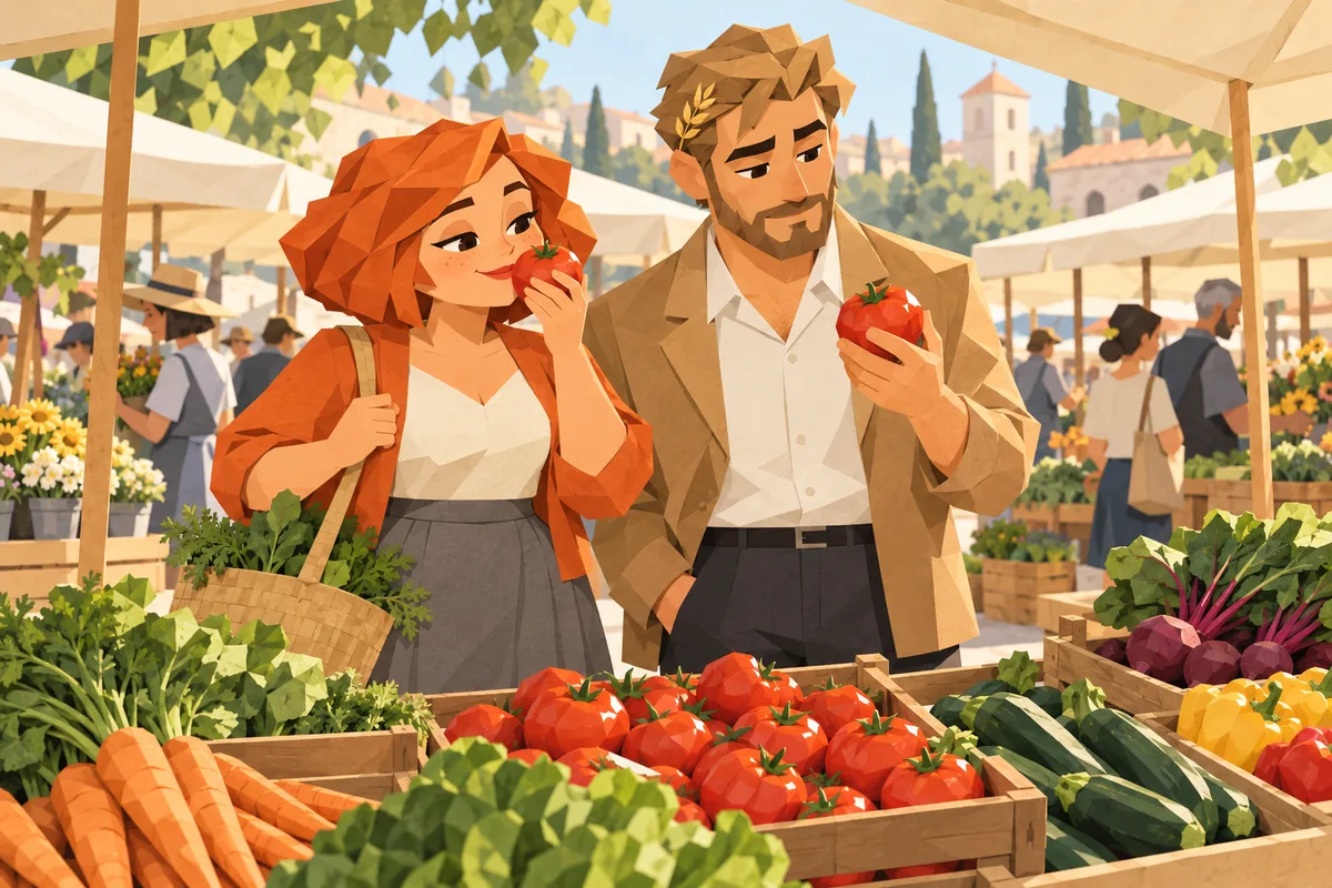 A Cancer woman smells a tomato while a Virgo man examines another at a sunny farmers' market.