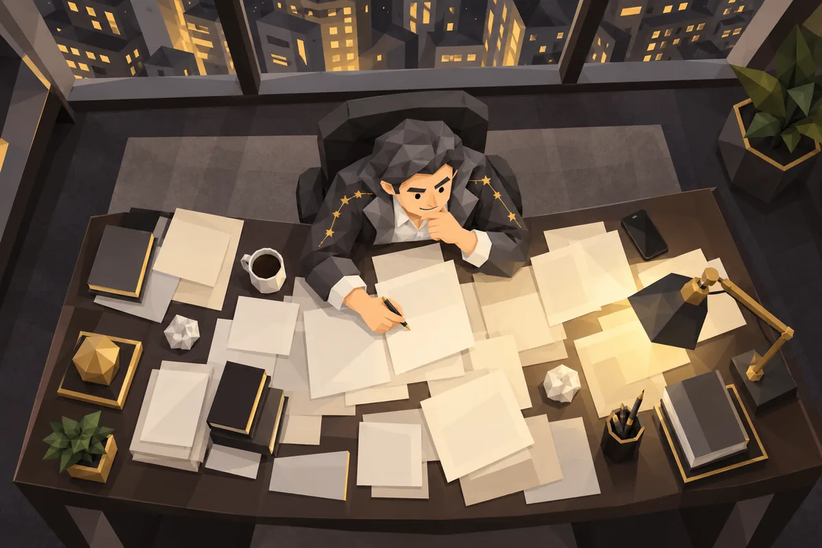 From above, a Capricorn man works through papers at a large office desk at night, his phone face down at the edge.