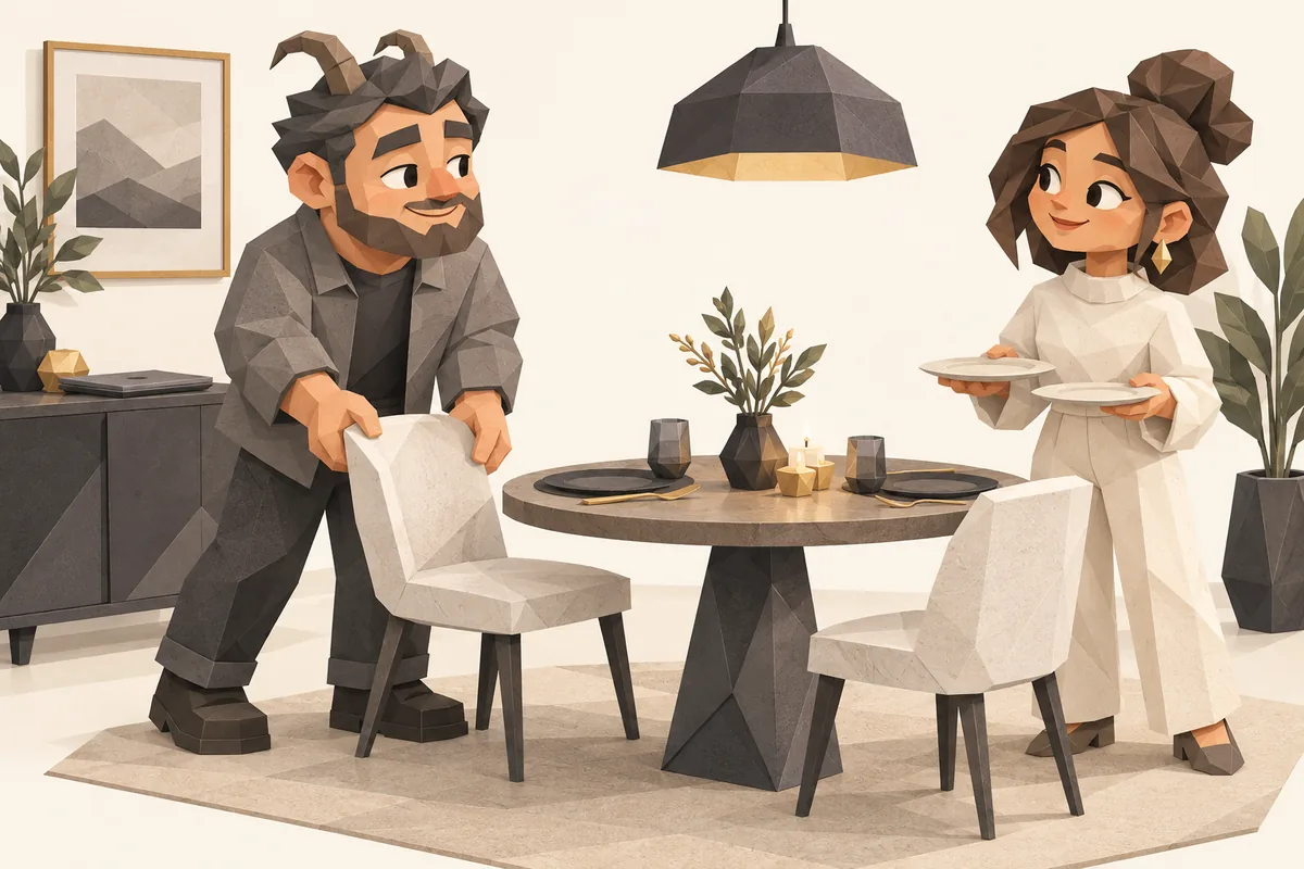 A Capricorn man closes his laptop and moves an empty chair toward a small dinner table for two.