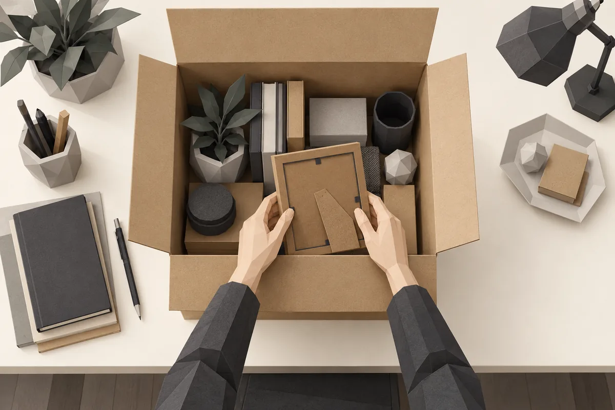 An overhead view of a Capricorn woman's hands packing a desk and placing a framed photo face down in a box.