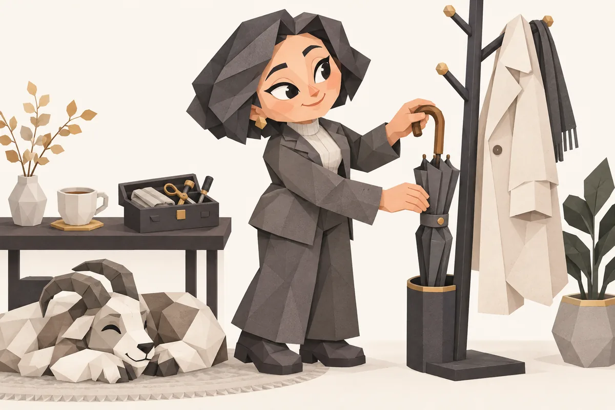 A Capricorn woman places a repaired umbrella beside her partner's coat, with a small smile and a cup of tea.