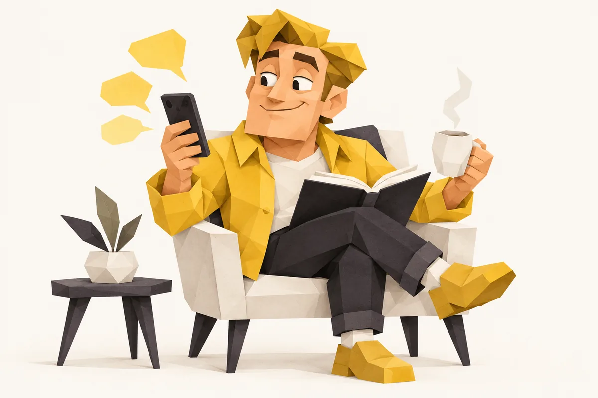 A Gemini man juggles a phone, a book and a coffee while blank message shapes tumble around him.