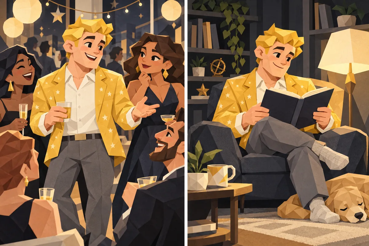 The same Gemini man entertains a party crowd on one side and reads alone under a lamp on the other.