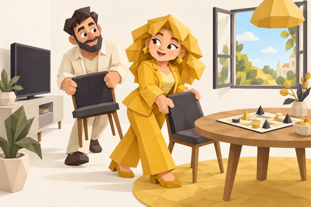A Gemini woman moves two chairs away from a television toward an open window and a board game.