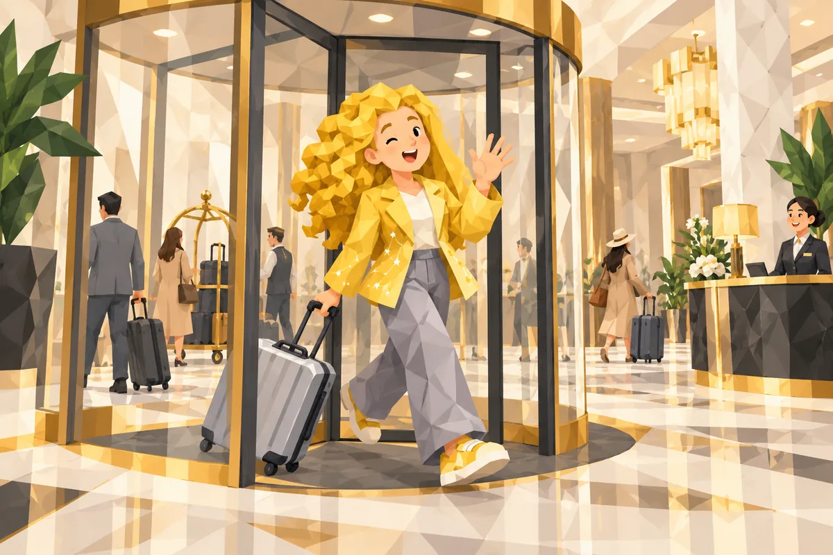A Gemini woman waves as she comes around a hotel's revolving door, with a busy lobby behind her.