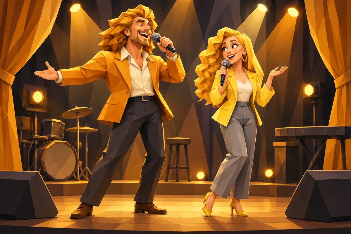 A Leo man sings expansively on a karaoke stage while a Gemini woman adds playful commentary into a second microphone.