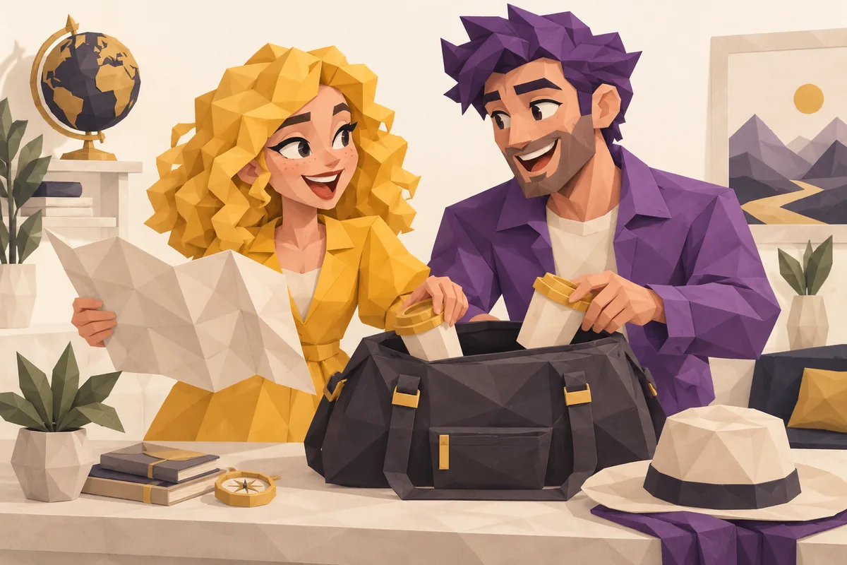 A Gemini woman and Sagittarius man laugh over a folded map while placing two matching picnic cups in a bag.