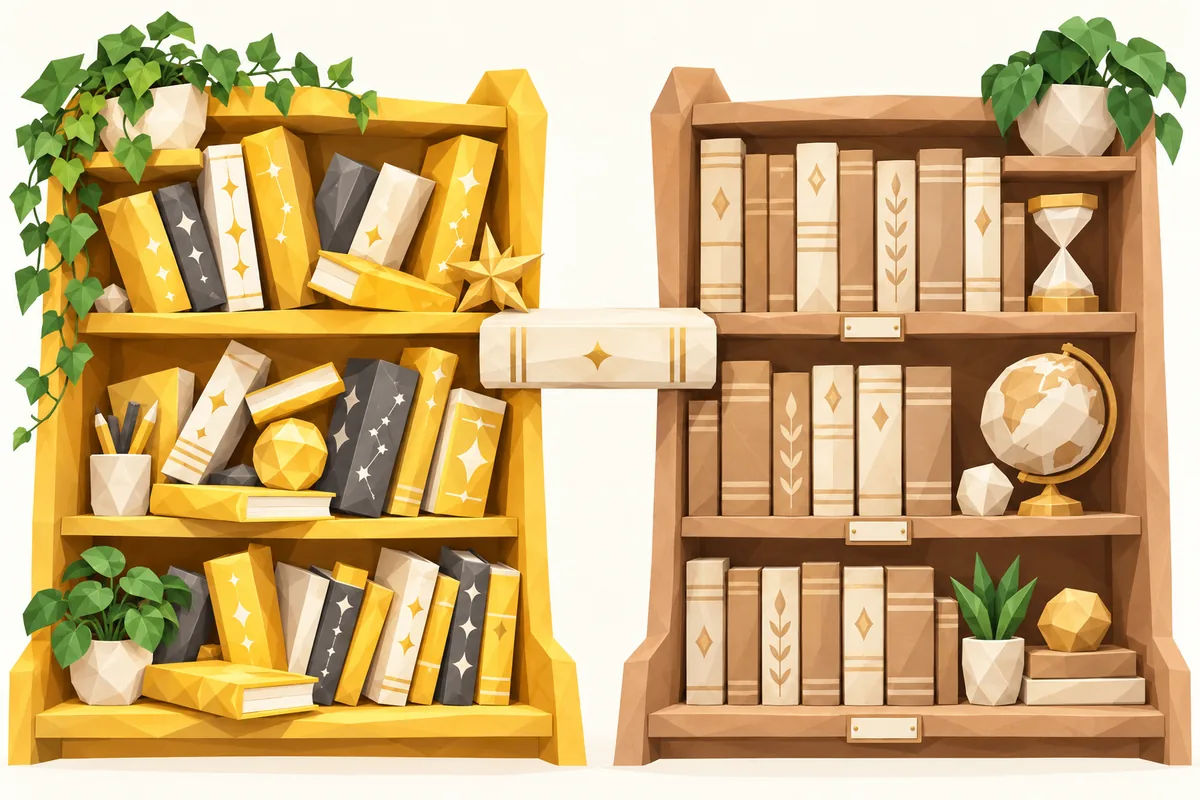 A split view of a colorful untidy bookshelf and a precisely arranged one, joined by a single shared book.