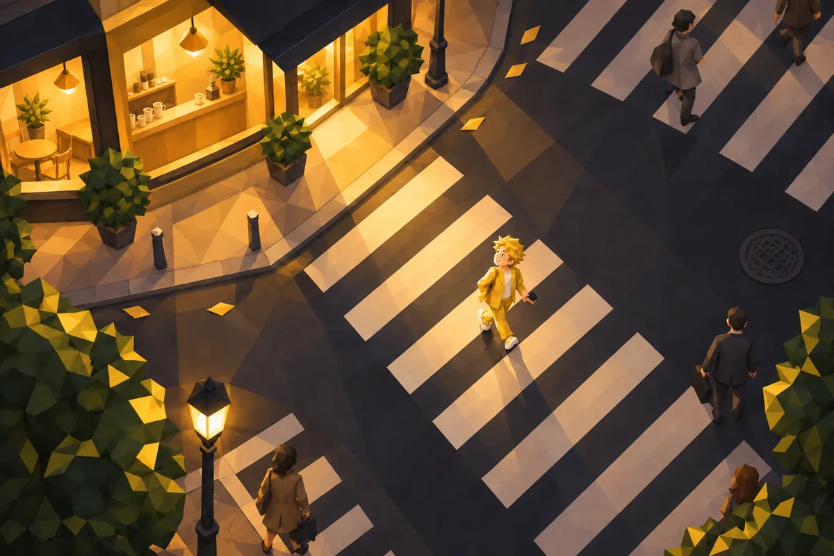 Seen from above at night, a Gemini man pauses on a city crosswalk and turns toward a warmly lit cafe.