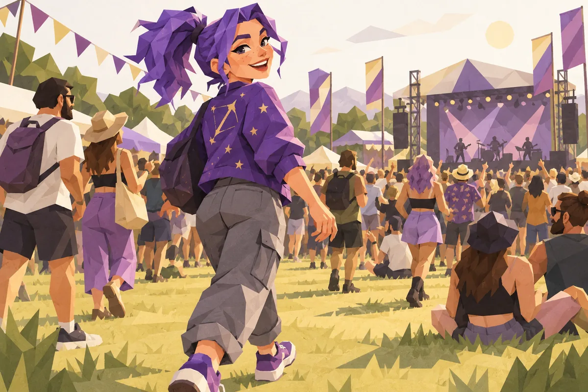 A Sagittarius woman at an outdoor music festival laughs and looks back over her shoulder.