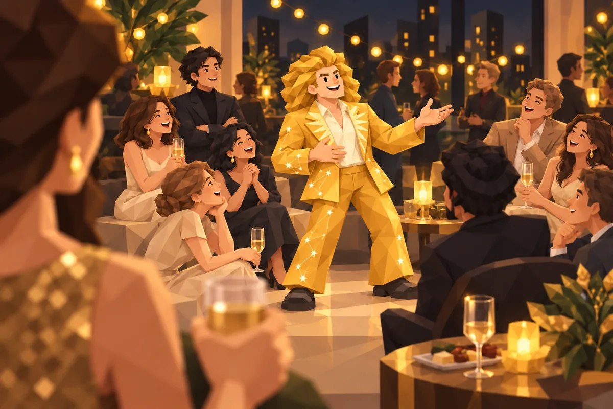 Across a crowded evening party, a Leo man tells an animated story to a circle of guests without looking toward the viewer.