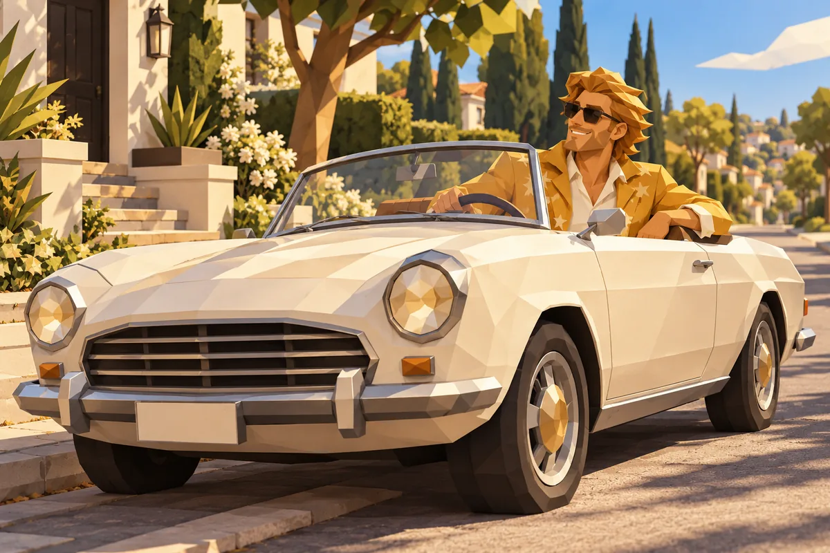 A Leo man in sunglasses pulls up at a sunny curb in a vintage convertible, one arm resting on the door.