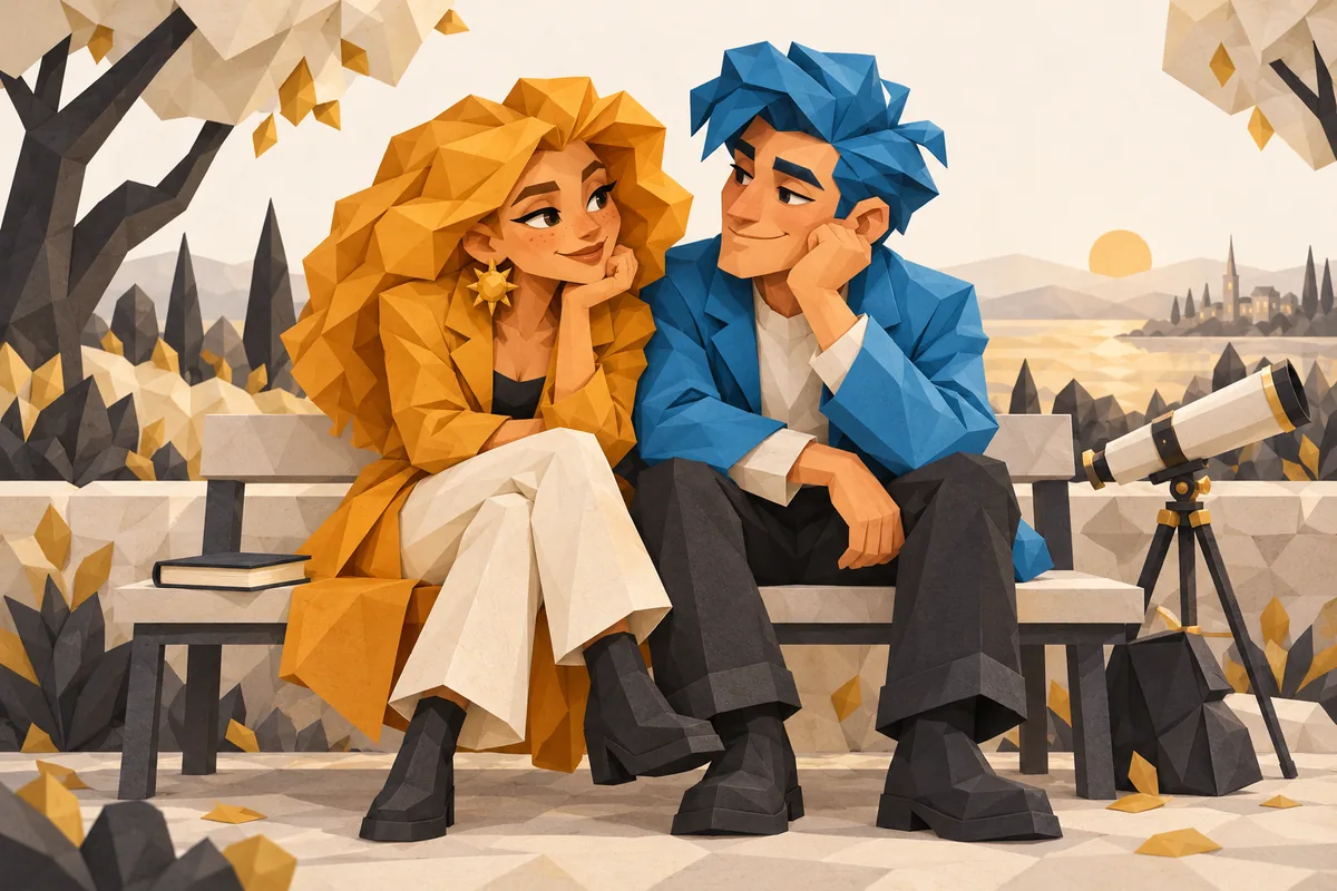 A Leo woman and Aquarius man lean toward each other on a bench, with a book and a small telescope set aside.