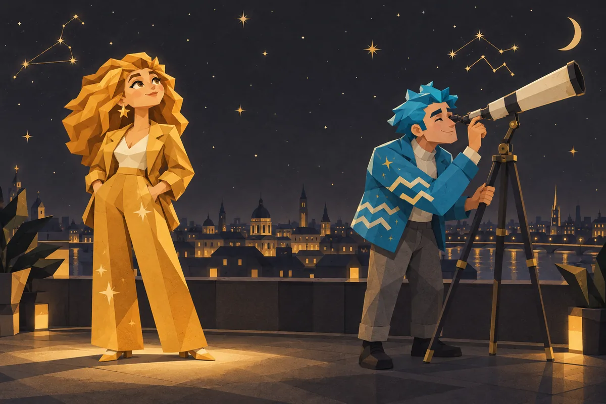 On a city rooftop at night, a Leo woman stands in warm light while an Aquarius man uses a telescope nearby.