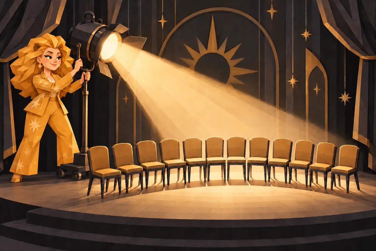 A Leo woman on a small stage directs a spotlight toward a curved row of empty chairs.