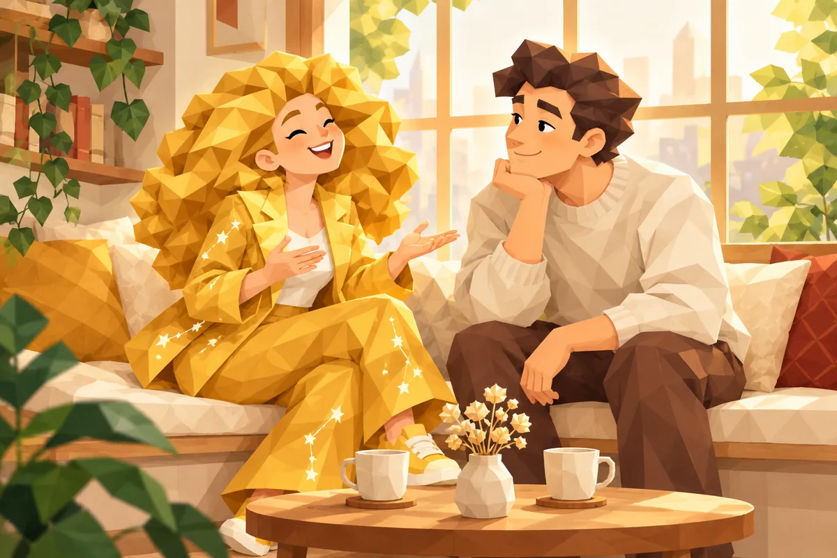 A Leo woman and her partner have a thoughtful private conversation on a sunny window seat.