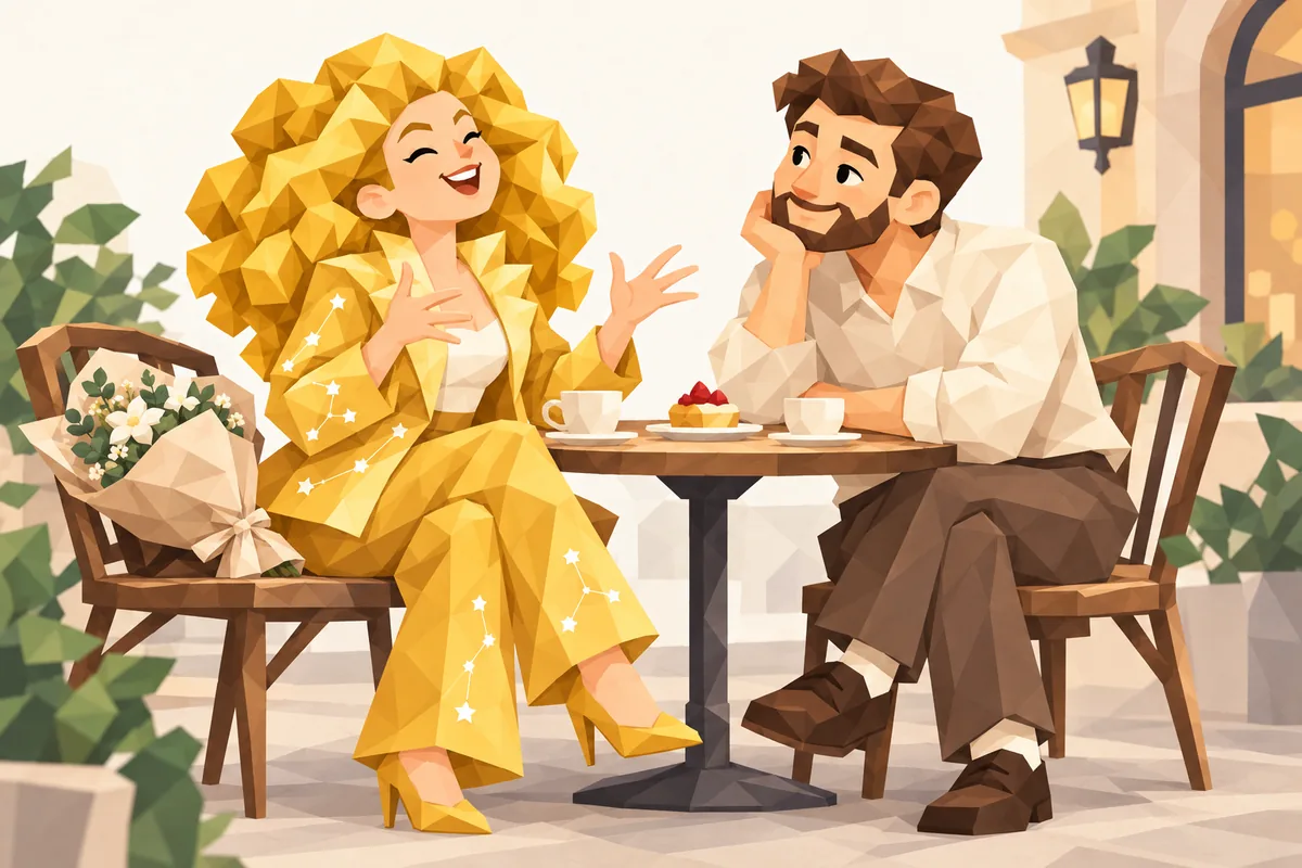 A smiling Leo woman tells a story while her partner listens closely beside a modest bouquet.
