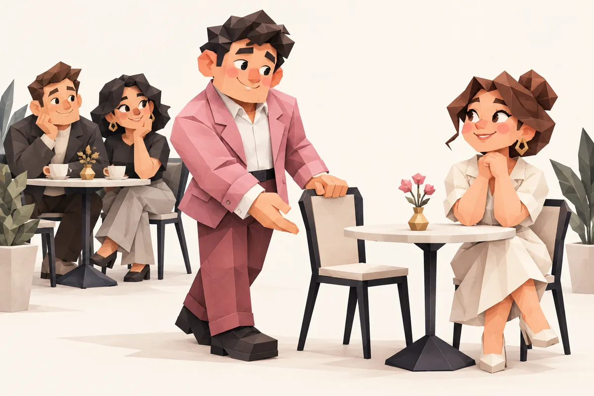 A Libra man steps away from a friendly cafe group to offer one woman a seat at a table for two.