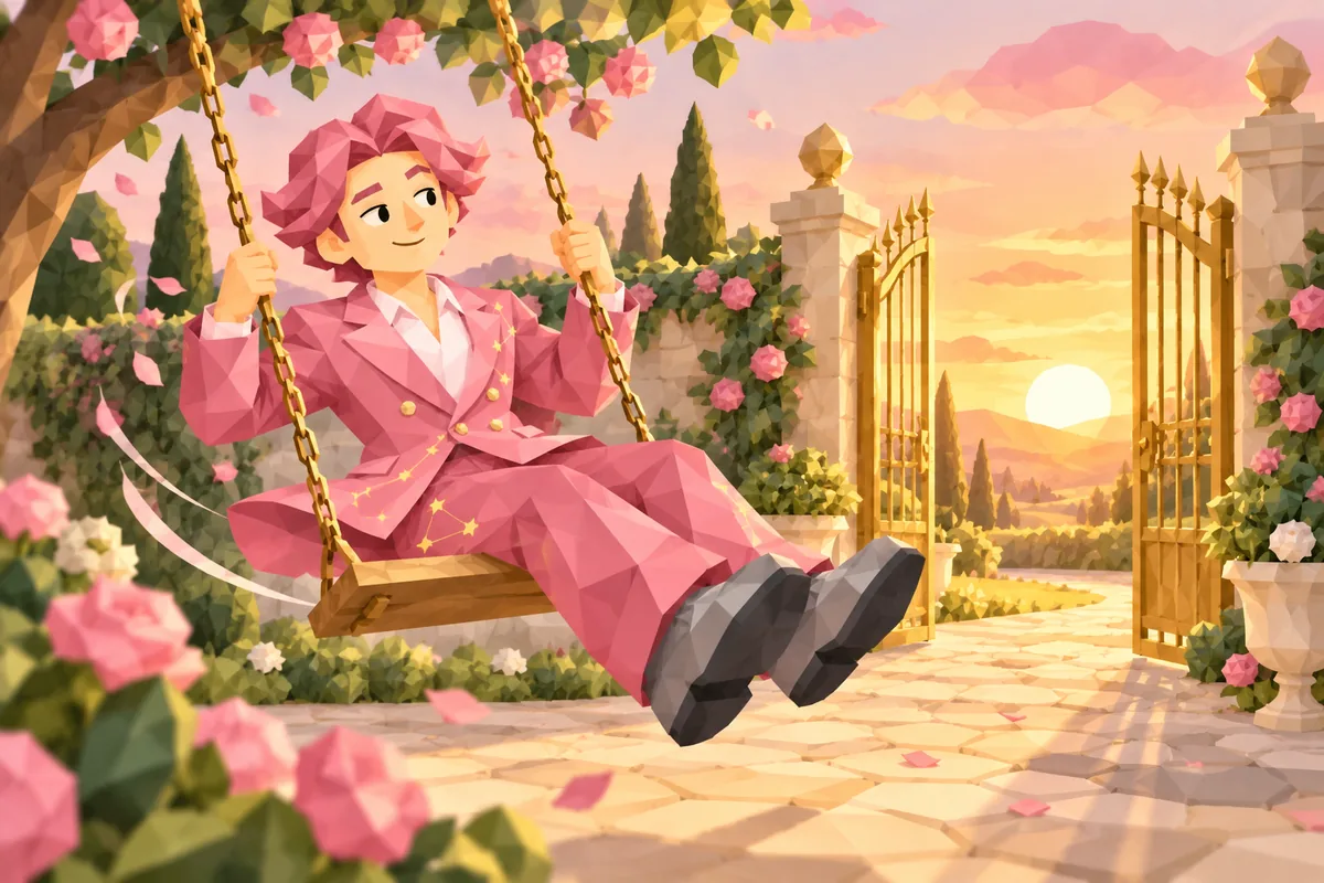A Libra man on a swing among roses glides toward an open garden gate at sunset.