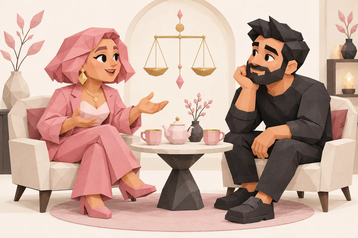 A Libra woman gently moves a second chair to face hers, ready for a candid conversation over tea.