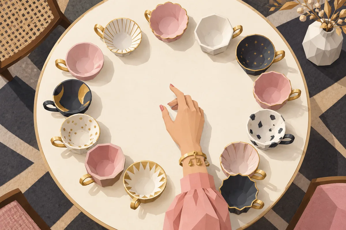 An overhead view of a ring of distinct teacups on a round table as a Libra woman's hand chooses one.