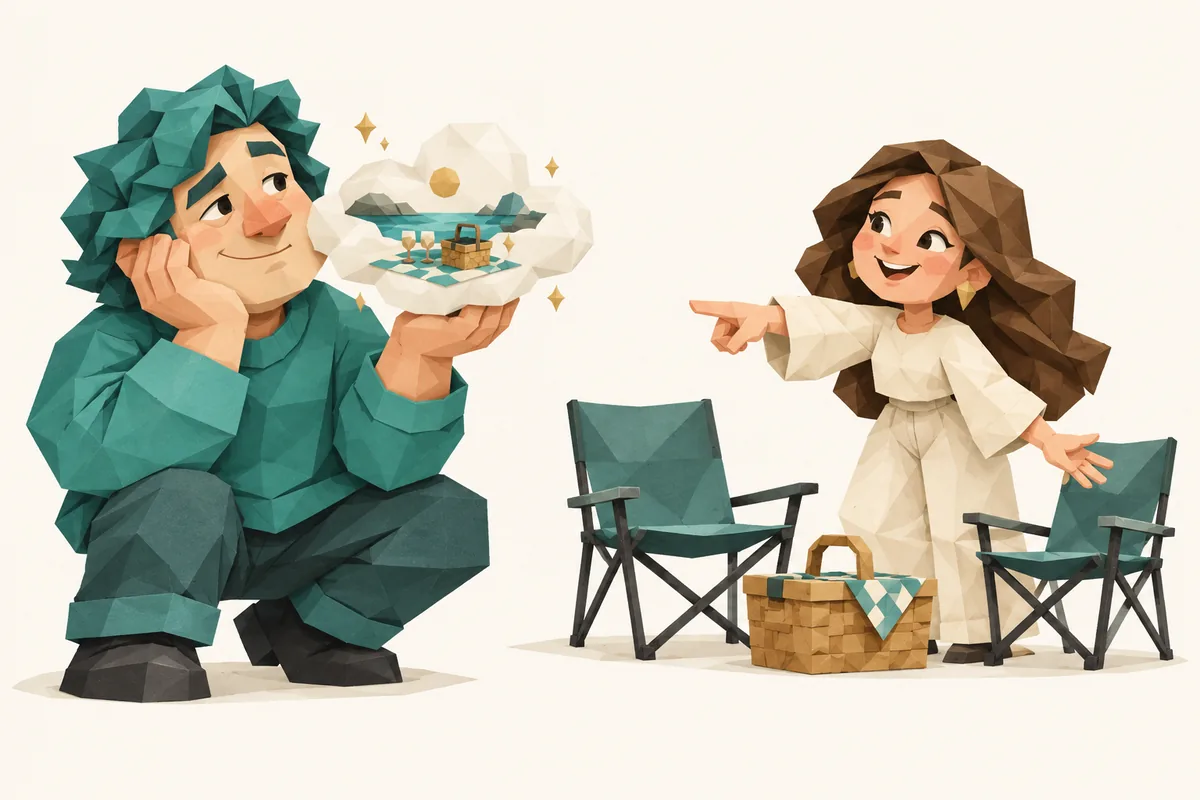 A Pisces man holds a dreamy paper cloud while his date points gently toward two real chairs and a picnic basket.