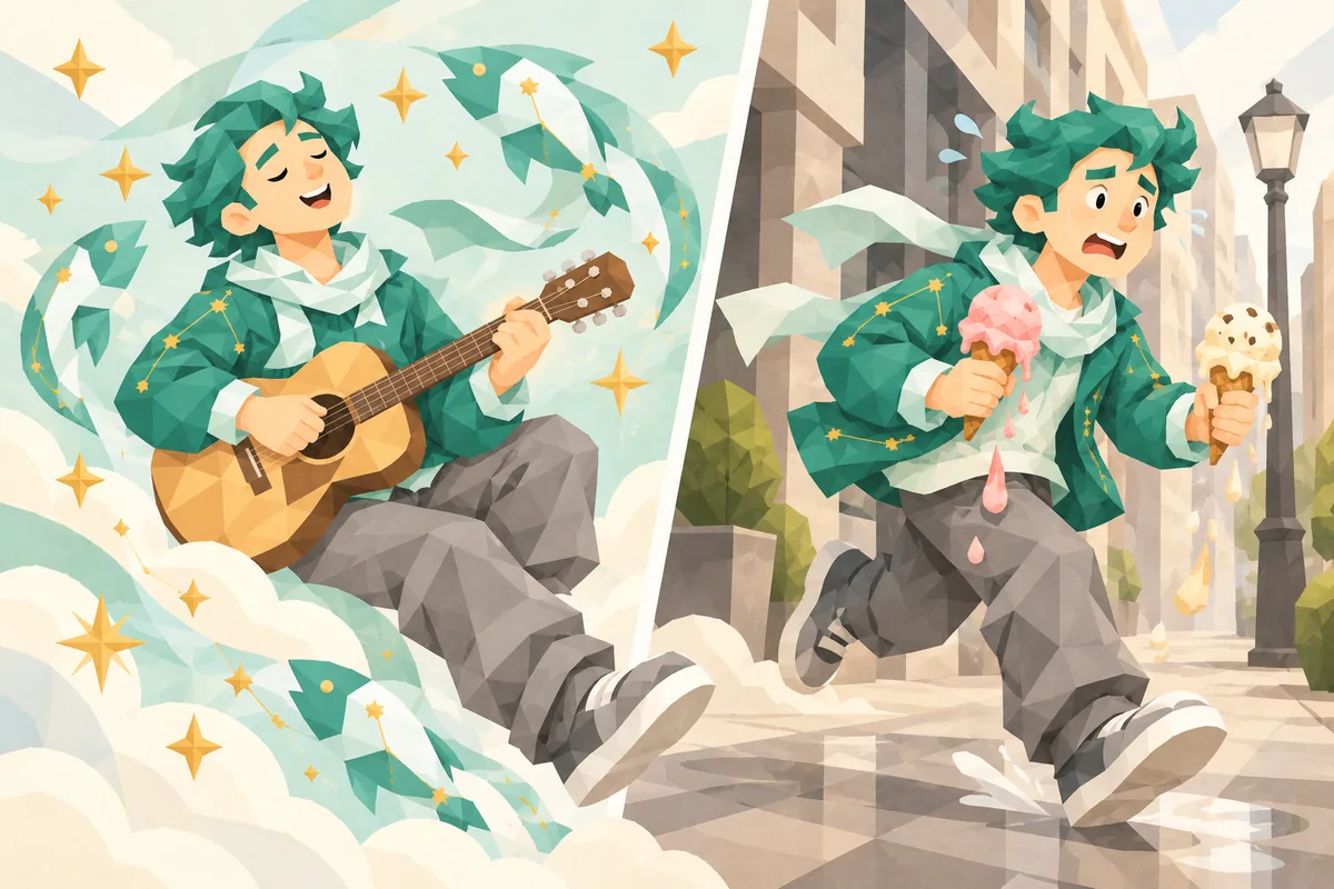 A split scene shows the same Pisces man dreaming among stars and running late down a street with melting ice cream.