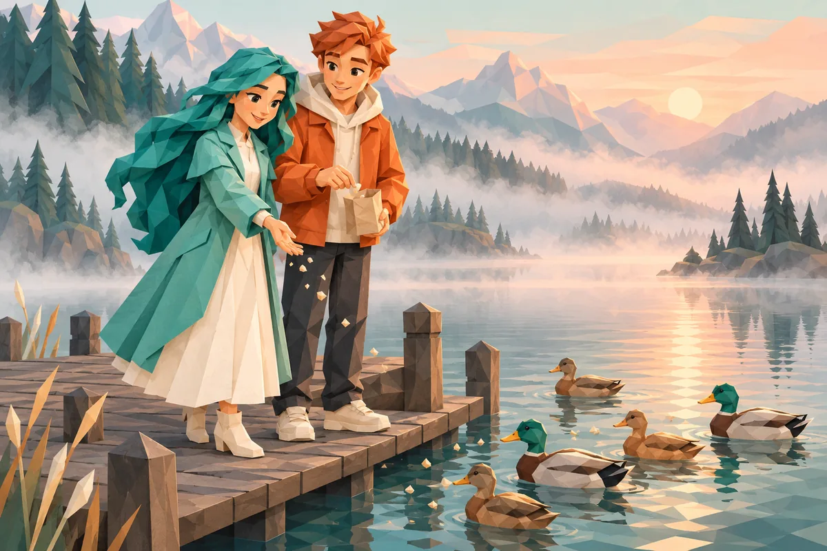 A Pisces woman and Cancer man stand on a wooden dock at a misty lake, feeding ducks at dawn.