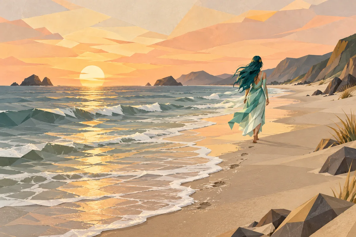 A small Pisces woman walks along a sunset beach as waves erase her footprints.