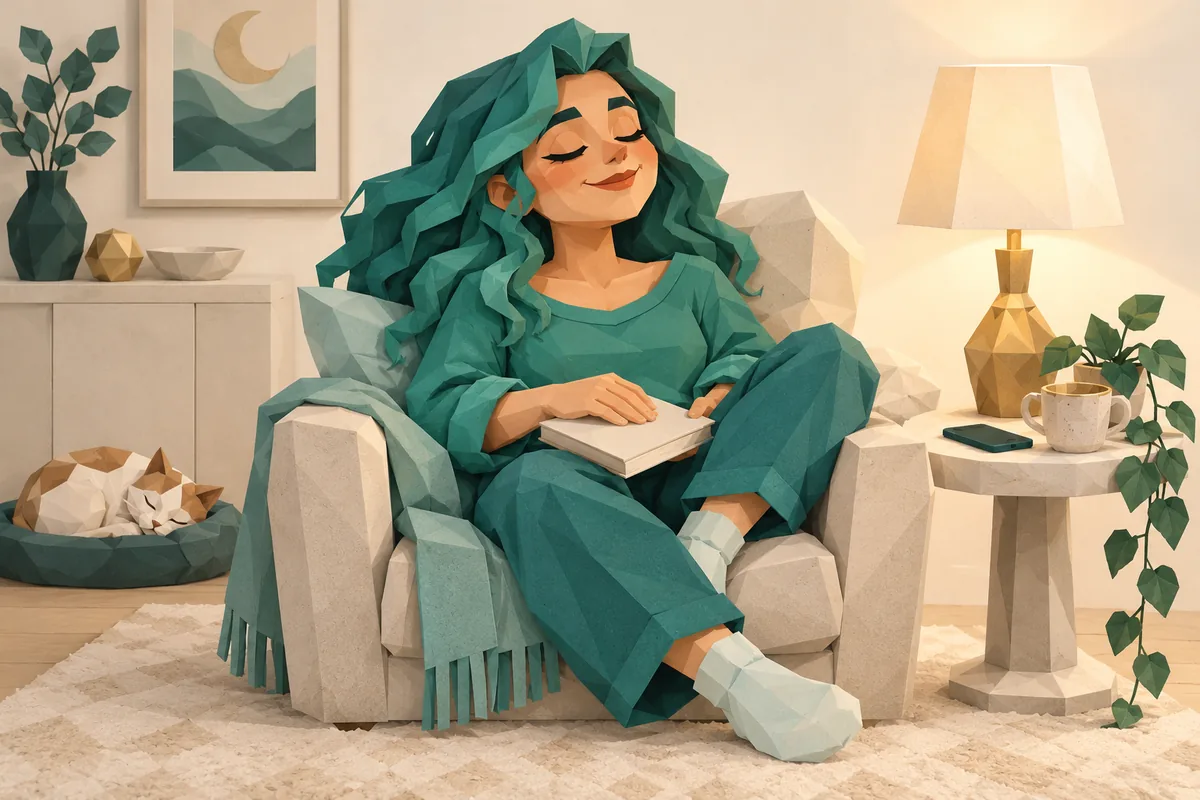 A Pisces woman gently closes her notebook and keeps a small reading lamp and comfortable chair for herself.