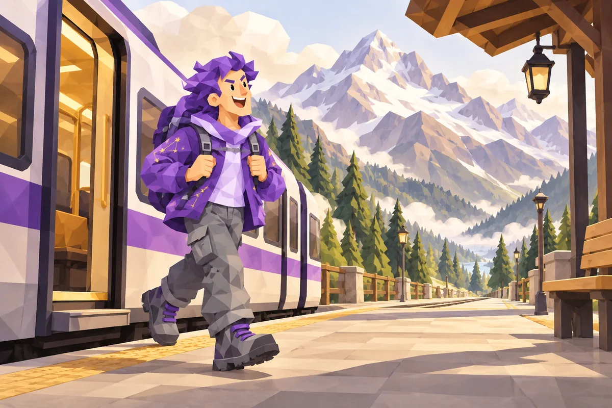 A Sagittarius man with a backpack steps off a train at a broad mountain station.