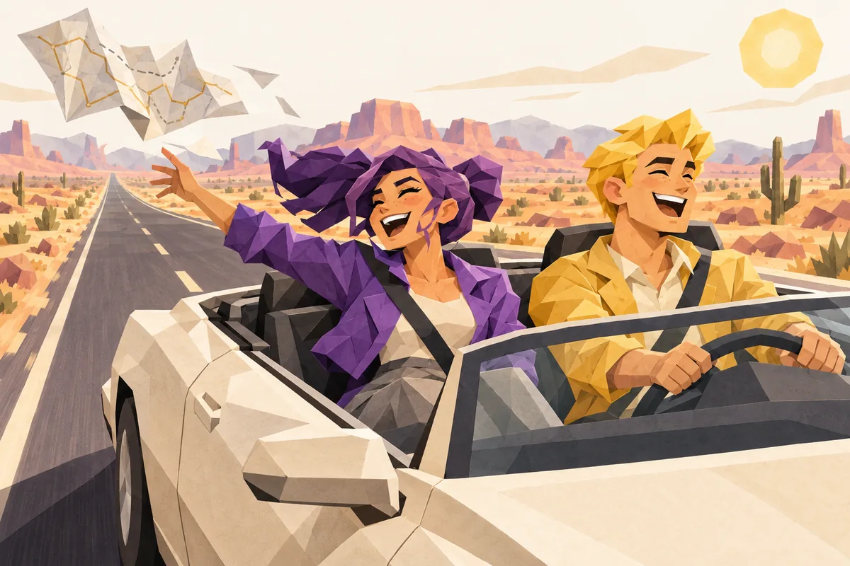 A Sagittarius woman and Gemini man laugh in an open car on a desert highway as a paper map blows away.