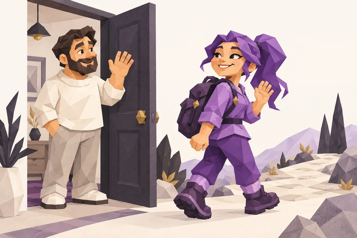 A Sagittarius woman heads out with a small backpack while sharing a warm goodbye with her partner at an open doorway.